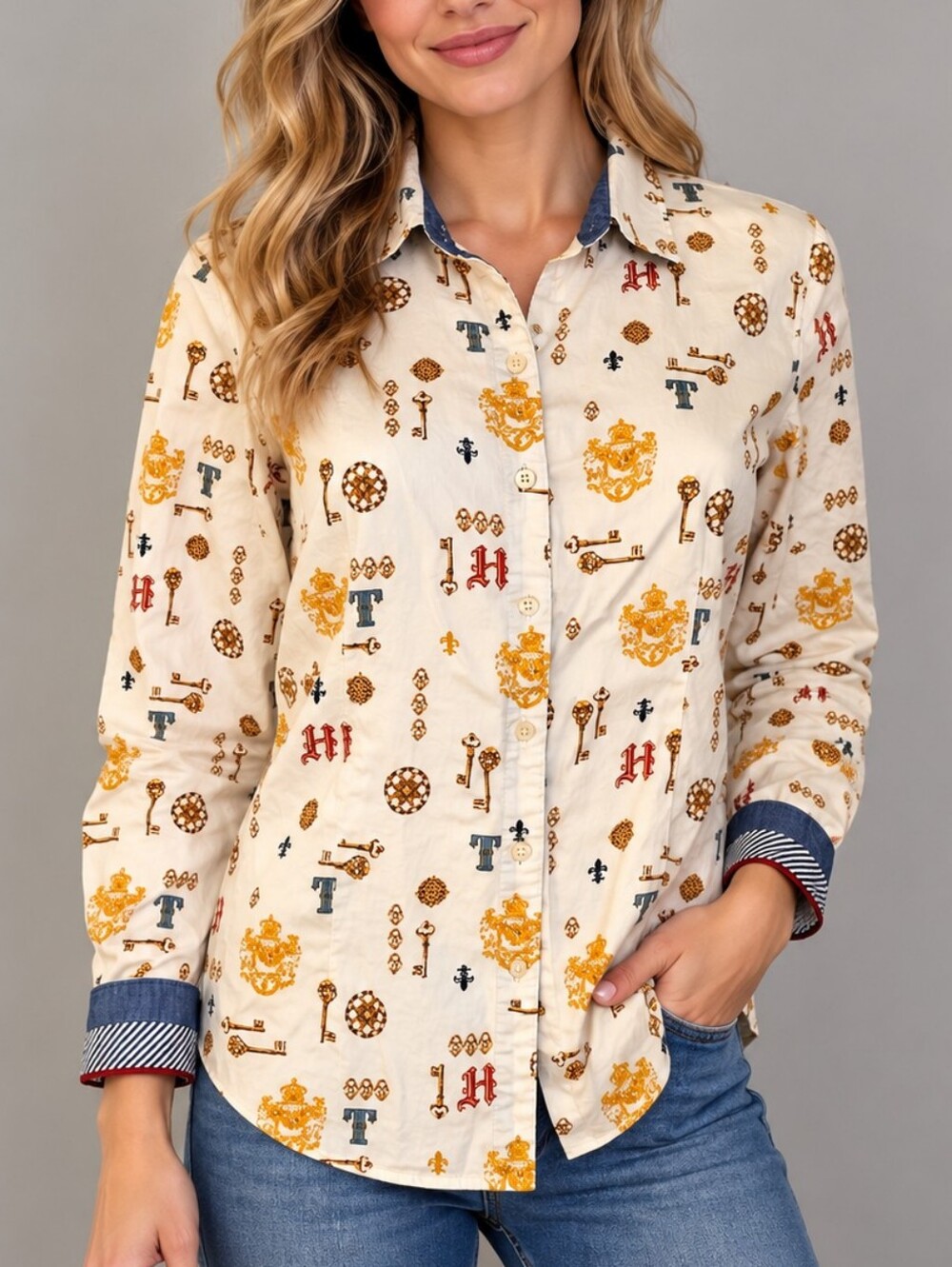 Vtg TOMMY HILFIGER Cream Baroque Key Print Button-Down Long Sleeve Shirt